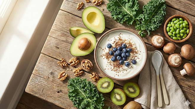 50대 이후 여성이라면, 단백질·칼슘·식이섬유·오메가-3를 보강하는 식품 위주로 식단을 꾸리는 것이 좋다｜출처: Gemini 생성