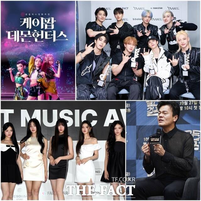2025년 가요계는 '케이팝 데몬 헌터스' OST 신드롬과 함께 스트레이 키즈의 맹활약으로 K팝이 전 세계에서 빛났다. 여기에 박진영은 대통령 직속 기구 대중문화교류위원회 위원장으로 발탁돼 K팝 업계 최초로 장관급 지위를 얻게 됐고 걸그룹 뉴진스(왼쪽 위부터 시계 방향)는 소속사 복귀 의사를 전해 컴백의 물꼬를 텄다. /넷플릭스, 더팩트 DB