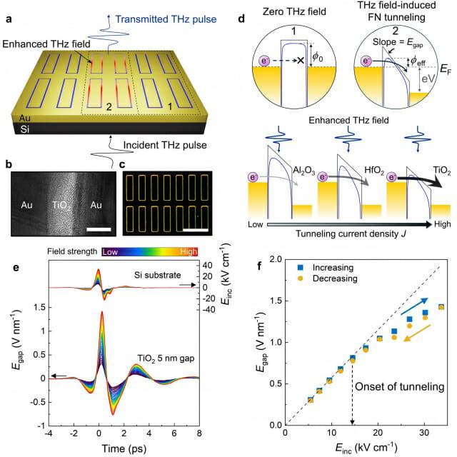 테라헤르츠 전기장에 의해 유도되는 양자 터널링 현상을 나타냈다. 그림 a는 개발된 양자 터널링 소자 구조, b와 c는 양자소자 단면 투과전자현미경 이미지와 광학 현미경 사진, d는 터널링 발생 원리, e는 양자소자 내부 전기장 증폭 모습, f는 소자 내부 전기장 변화를 보여준다.(그림=UNIST)