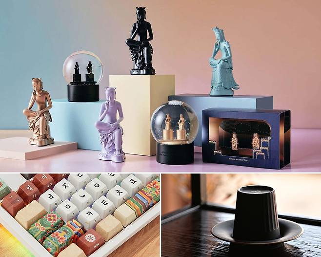 (Clockwise from top) Miniature replicas of the Pensive Bodhisattva, gat cup and dancheong keyboard (National Museum Foundation of Korea)
