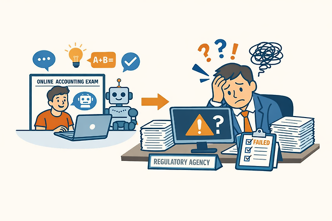 AI를 활용한 부정행위 때문에 회계 시험 감독관이 힘들어하는 이미지 [챗GPT]