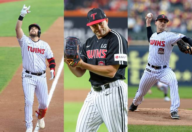 LG트윈스가 국내 무대 경험이 있는 외국인 선수 네 명과 계약했다. 전원사진은 LG와 재계약에 성공한 오스틴 딘과 요니 치리노스, 앤더슨 톨허스트(왼쪽부터). /사진=LG트윈스 제공