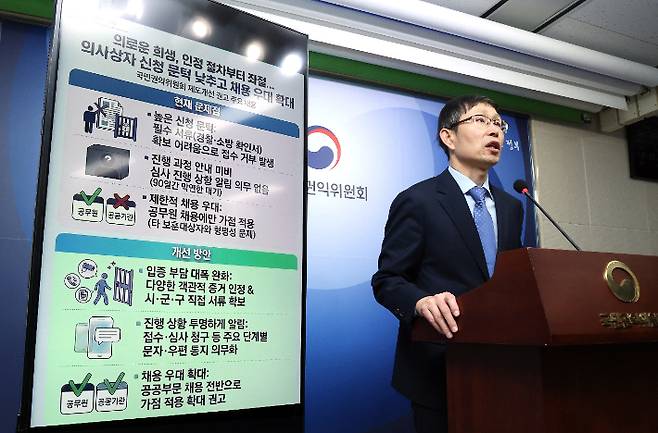 양종삼 국민권익위원회 고충처리국장이 30일 정부세종청사 권익위 브리핑실에서 의사상자 인정 절차 개선 및 채용 우대 방안에 관해 설명하고 있다. 연합뉴스