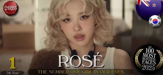 미국의 영화 평론 매체 ‘TC 캔들러’가 공개한 ‘2025 세계에서 가장 아름다운 얼굴 100인’ 순위에서 1위를 차지한 블랙핑크 로제. TC 캔들러 유튜브 캡처