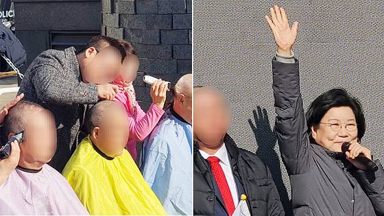지난 1월 국민의힘 중구·성동구을이 개최한 탄핵 반대 집회에서 참가자들이 삭발을 하고 있다(왼쪽). 당시 당협위원장이던 이혜훈 후보자가 손을 들고 인사하고 있다(오른쪽). 사진 박영한 국민의힘 서울시의원 SNS