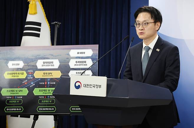 Industry Minister Kim Jung-kwan speaks about details of the agreement between South Korea and the United States to lower auto tariffs to 15 percent during a press briefing at the government complex in Jongno District, central Seoul, on Nov. 14. [YONHAP]