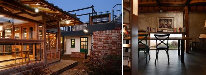 충남 공주에 있는 한옥을 개조한 ‘오래된 질문’의 내부는 벽들을 털어내고 빛으로 치환했다. 마당 쪽으로는 사랑채를 넣어 툇마루를 달았다(왼쪽 사진). 툇마루는 중간계를 형성하며 마당을 집과 연결해 준다. 집이 가지고 있는 골조의 아름다움이 드러나도록 정리한 내부(오른쪽 사진). 동쪽 틈으로 꽃이 보이도록 낮은 창을 냈다. 박영채 제공