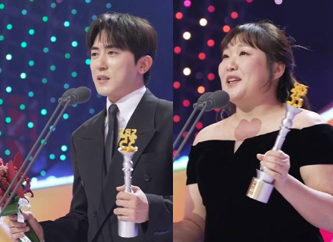 2025 SBS 연예대상에서 각각 남녀 신인상을 수상한 김원훈, 이수지. SBS캡처