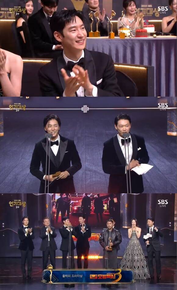 '2025 SBS 연기대상'의 '올해의 드라마상'은 '모범택시3'이 차지했다. 이날 시상은 '모범택시3'에 빌런으로 출연한 윤시윤과 카사마츠 쇼가 맡아 의미를 더했다./SBS '연기대상' 캡처