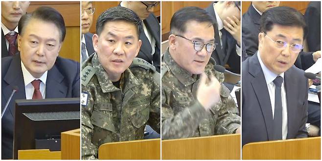 From left: Former President Yoon Suk Yeol, former Capital Defense Command chief Lee Jin-woo, former Defense Counterintelligence Command chief Yeo In-hyung and former first deputy director of the National Intelligence Service Hong Jang-won speak during the fifth impeachment trial hearing at the Constitutional Court in Jongno District, central Seoul, on Feb. 5. [CONSTITUTIONAL COURT/NEWS1]