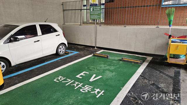 지난해 31일 오후 인천 남동구 한 행정복지센터 주차장. 지난 해 청사가 새로 지어졌지만 1년이 넘도록 충전구역을 알리는 표지판만 남은 채 충전기는 설치되지 않고있다. 박기웅기자