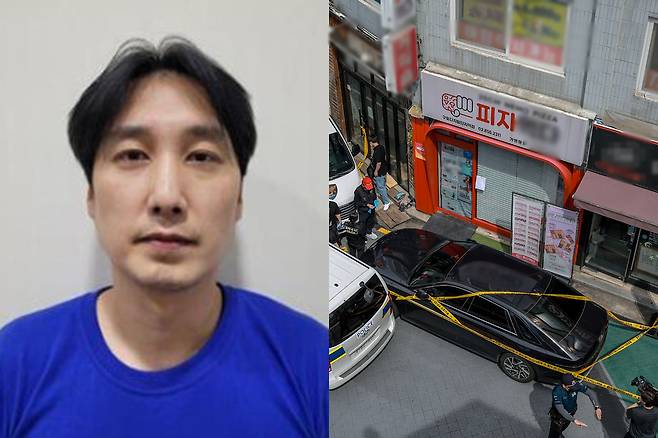 김동원 머그샷. 오른쪽은&nbsp;지난해 9월3일 서울 관악구 조원동 칼부림 사건이 발생한 피자가게에서 과학수사대가 현장조사를 하고 있다. 서울경찰청&nbsp;제공·뉴시스