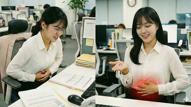 생리통 시작 전 또는 초기에 약효 발현이 빠른 진통제를 복용하고, 온열요법을 병행하면 통증 완화에 효과적이다｜출처: Gemini