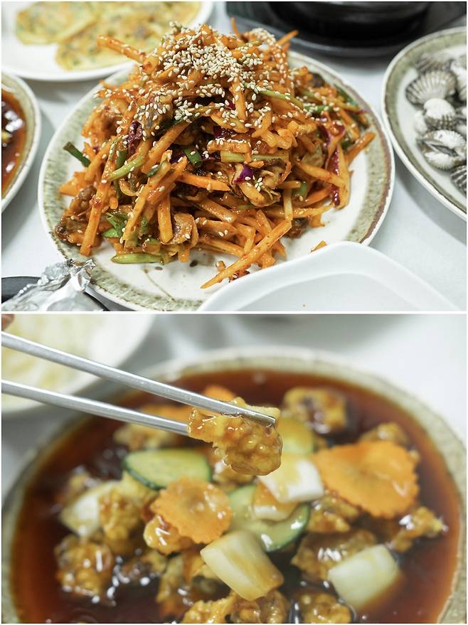 (위)꼬막회무침 (아래)꼬막탕수육