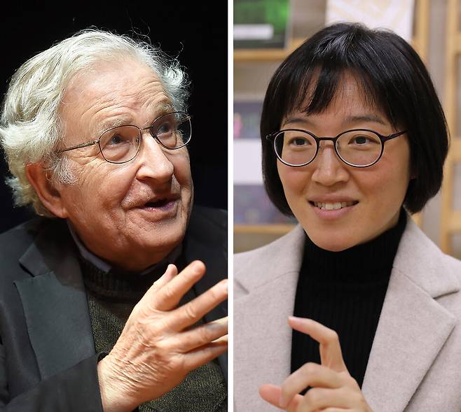 ‘미국 이상주의의 신화’를 펴낼 노엄 촘스키와 ‘탈시설운동 20년’을 펴낼 홍은전. 위키미디어 코먼스, 한겨레 자료사진
