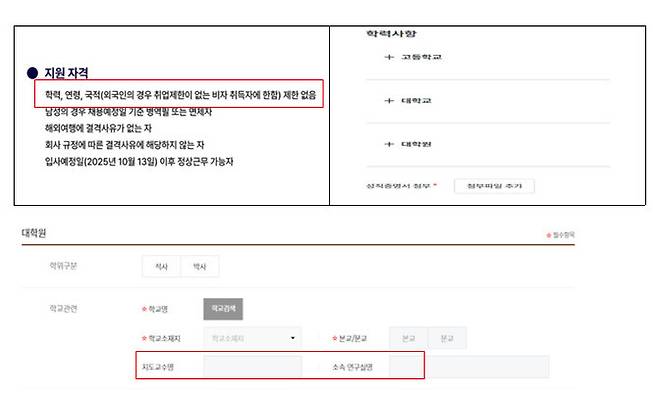 한 기업의 채용 공고와 입사 지원서 비교. 채용 공고 지원 자격란엔 학력 제한이 없다고 쓰여 있으나 실제 입사 지원서에는 출신학교 명과 학교 소재지 등을 쓰게 되어 있다. 교육의봄 제공