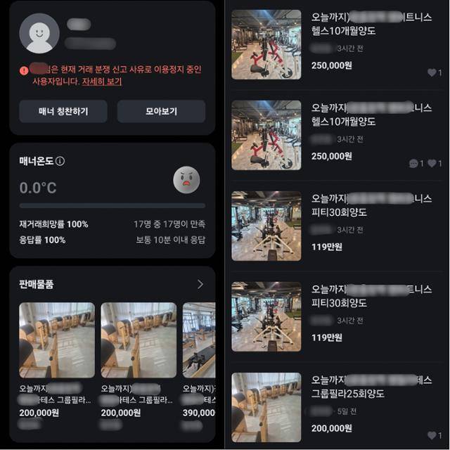 별칭 'KK(가칭)'는 몇 달에 걸쳐 서울 마포구에 있는 한 헬스장의 회원권 양도 글을 중고거래 플랫폼 당근마켓에 여러 차례 올렸다. 현재 이 계정은 거래 분쟁으로 이용 정지된 상태다. 당근마켓 캡처