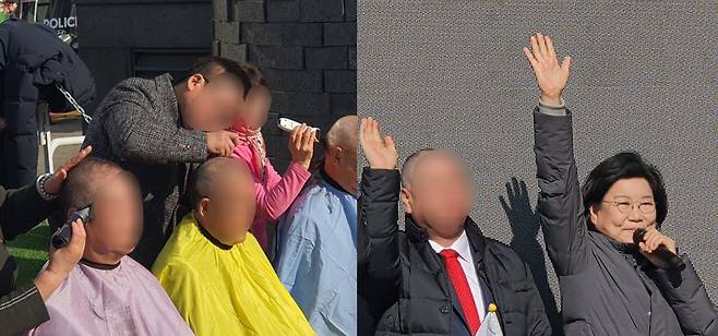 Participants shave their heads during an anti-impeachment rally supporting former President Yoon Suk Yeol held by the People Power Party’s Jung District-Seongdong District B constituency chapter in January 2024. Lee Hye-hoon, left, who was serving as the party chapter chair at the time, greets the crowd. [SCREEN CAPTURE]