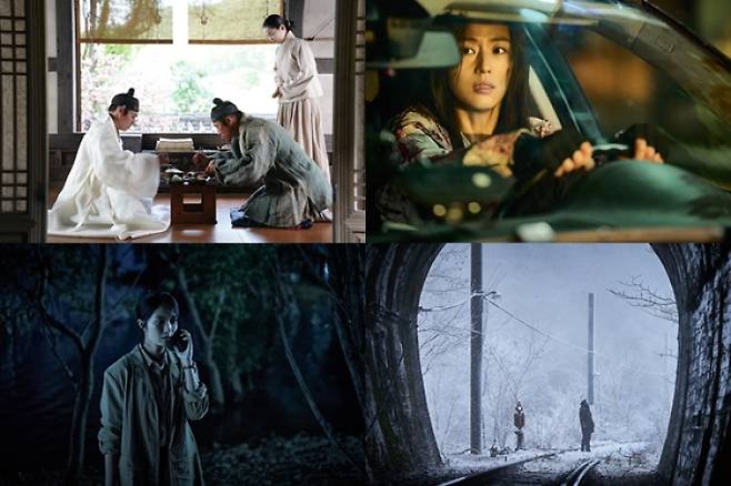 왼쪽 위부터 시계 방향으로 영화 ‘왕과 사는 남자’, ‘군체’, ‘폭설’, ‘살목지’ 스틸컷. 쇼박스 제공