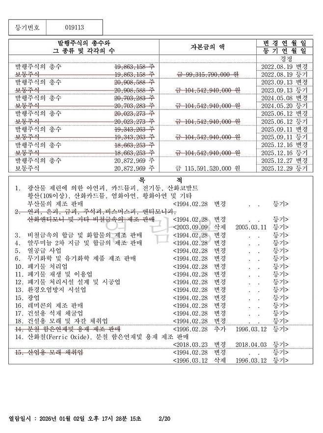 고려아연 등기증명서 [법원 인터넷등기소 확인. 재판매 및 DB 금지]