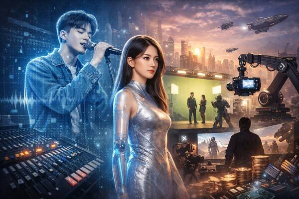 AI 기술이 음악·영상 등 대중문화 전반에 확장되는 흐름을 상징적으로 표현한 이미지 / 사진=AI 생성