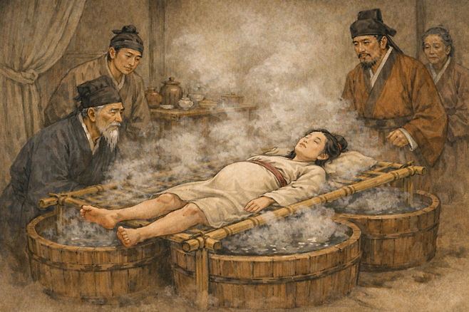 옛날에는 의식이 없거나 입을 악물고 있어서 탕약을 복용하지 못할 때는 탕약을 다려서 훈증법으로 치료하기도 했다. 훈증요법 또한 호흡기나 피부를 통해서 약물이 전달되어 효과를 낼 수 있었다. 챗GPT에 의한 AI생성 이미지.