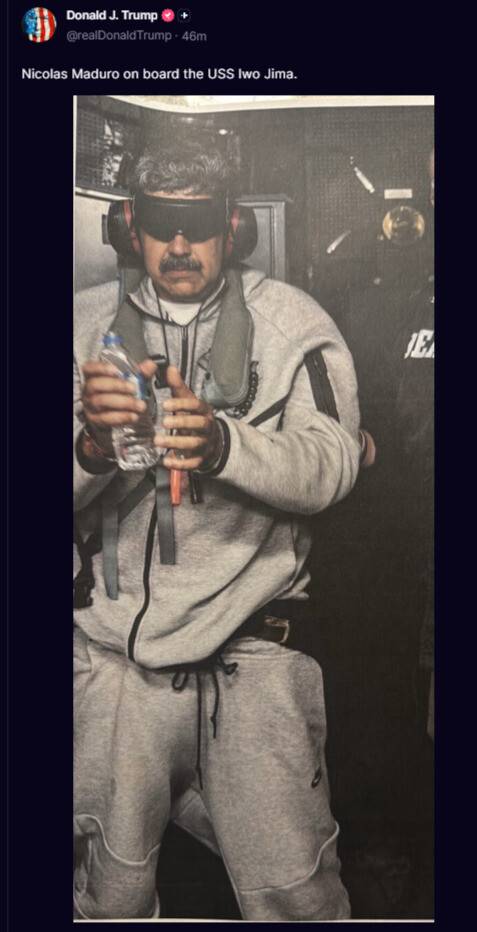 도널드 트럼프 미국 대통령이 소셜미디어 트루스소셜에 수갑을 찬 니콜라스 마두로 베네수엘라 대통령 사진을 공개했다. 트루스소셜 갈무리