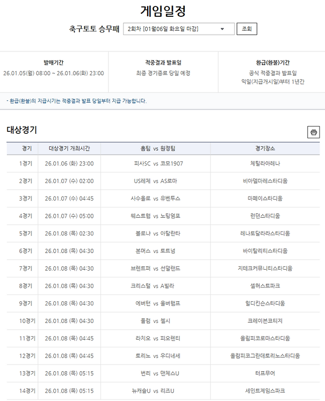 축구토토 승무패 2회차 대상경기. 사진 | 한국스포츠레저