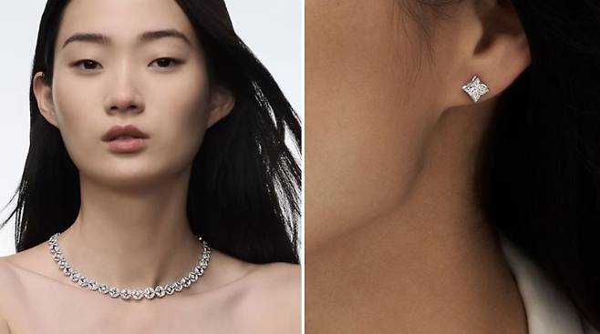 배우 신민아가 웨딩주얼리로 선택한 루이비통 '갤럭시 목걸이, 화이트 골드와 다이아몬드'(왼쪽), 'LV 다이아몬드 (LV Diamonds) 스터드'/사진=루이비통 공식 홈페이지