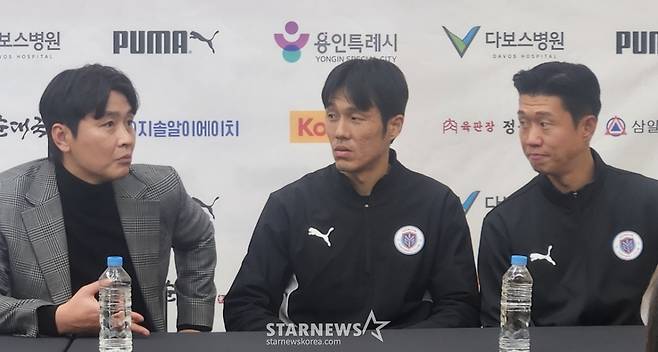 이동국(왼쪽부터) 용인 테크니컬 디렉터, 석현준, 임채민 /사진=박건도 기자