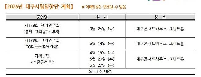 2026 주요 공연 일정(시립합창단) <대구문화예술진흥원 제공>