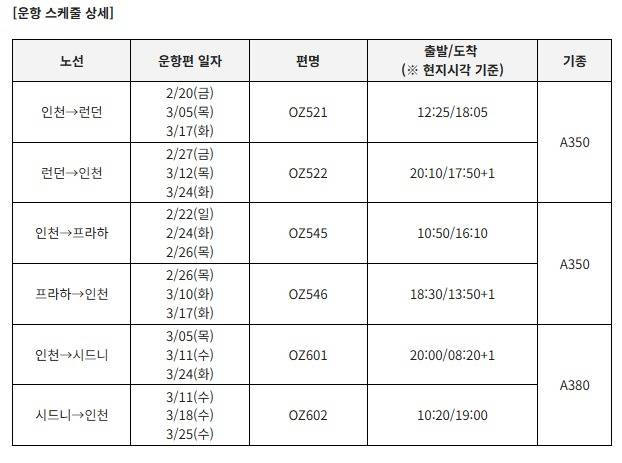 아시아나항공이 오는 2월부터 3월까지 투입하는 마일리지 전용기 운항 스케줄(자료사진. 아시아나항공 제공). 2026.01.06.