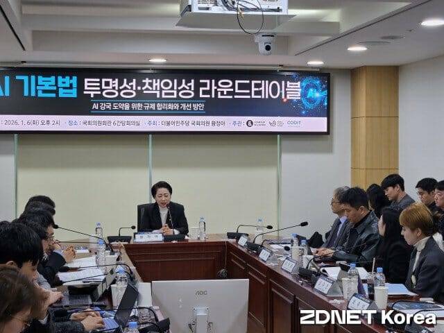 AI 법·규제·정책 플랫폼 기업 코딧 부설 글로벌정책실증연구원과 황정아 더불어민주당 의원은 6일 서울 여의도 국회의원회관에서 AI 기본법 투명성·책임성 라운드테이블을 개최했다. (사진=이나연 기자)