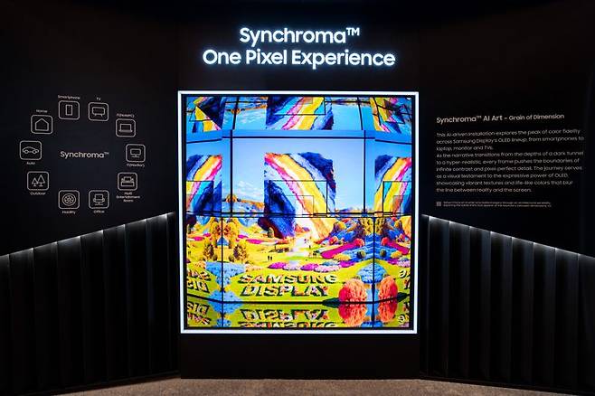 삼성디스플레이가 5일(현지시간) 미국 라스베이거스 윈 호텔에서 'CES 2026' 미디어 초청 행사를 열고 소개한 '싱크로마' 브랜드 부스. OLED 및 QD-OLED는 뛰어난 색재현력을 토대로 자연 그대로의 색을 표현해, 스마트폰, 노트북, 모니터, TV 등 어떤 기기를 이용하든 일관된 화질과 색감으로 콘텐츠를 즐길 수 있다. 삼성디스플레이 제공