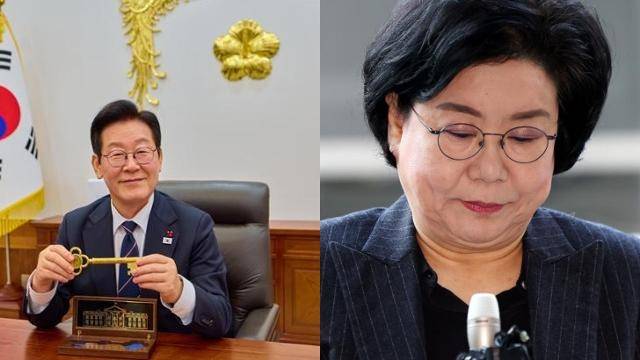 왼쪽 사진은 이재명 대통령이 지난달 30일 청와대 집무실에서 도널드 트럼프 미국 대통령이 선물한 백악관 황금 열쇠를 들고 있는 모습. 오른쪽 사진은 같은 날 이혜훈 기획예산처 장관 후보자가 서울 중구 예금보험공사에 마련된 인사청문회 준비 사무실로 출근하는 모습. 이재명 대통령 사회관계망서비스(SNS)·뉴스1