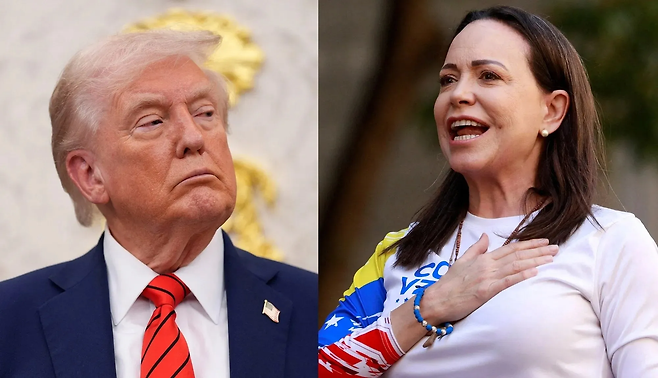 도널드 트럼프 미국 대통령(왼쪽)과 지난해 노벨평화상 수상자 마리아 코리나 마차도. 로이터 연합뉴스