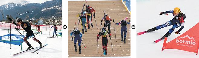 한 달 앞으로 다가온 2026 밀라노·코르티나담페초 동계올림픽 신설 종목 스키 마운티니어링(산악 스키)의 경기 장면. 스키를 신고 오르막을 오르고(왼쪽부터), 스키 장비를 등에 메고 부츠를 신은 채 인공 계단을 오른 뒤 슬로프를 활강·회전하며 내려오는 장면. AP 연합뉴스