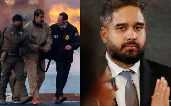 지난 5일 맨해튼 연방지방법원에 출석하기 위해 이송되는 마두로 대통령(왼쪽)과 그의 아들 게라 모습. 로이터 연합뉴스