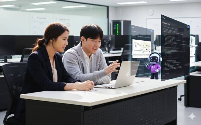 기업 임직원들이 AI 역량 인증 플랫폼을 활용하고 있는 모습을 AI로 제작한 모습. 사진 제공=SK AX