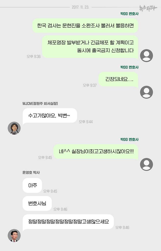 2017년 11월 23일, 통일교 간부 단체 메신저 방 대화 내용 (출처 : 정의연대 고발장)