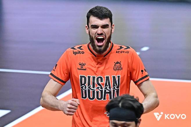 OK저축은행의 외국인 주포 디미트로프(뒤쪽) [한국배구연맹 제공. 재판매 및 DB 금지]