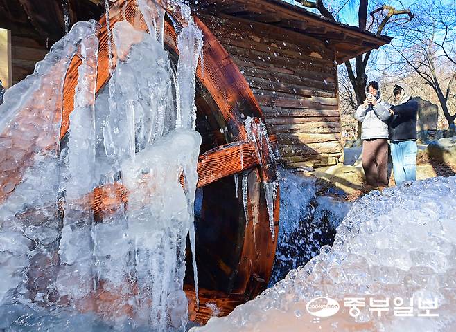 영하 10도 안팎의 강추위가 찾아온 8일 오전 용인시 한국민속촌 물레방아에 고드름이 얼어 있다. 임채운기자