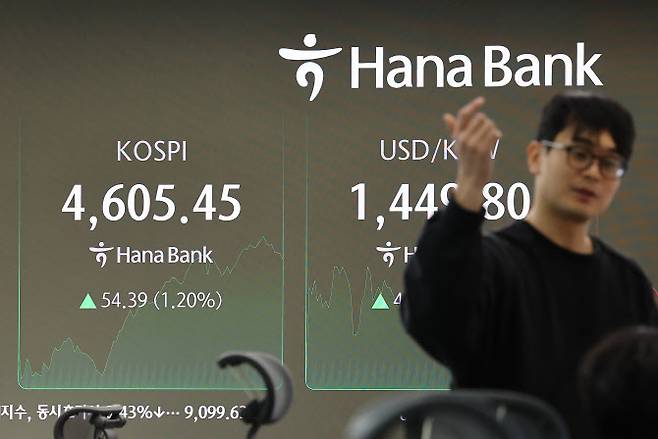 8일 서울 중구 하나은행 본점 딜링룸 현황판에 코스피가 표시돼 있다. 이날 오전 코스피는 약보합으로 출발해 전날에 이어 다시 장중 4600선을 넘어서며 사상 최고치를 재차 경신했다. 사진=연합뉴스