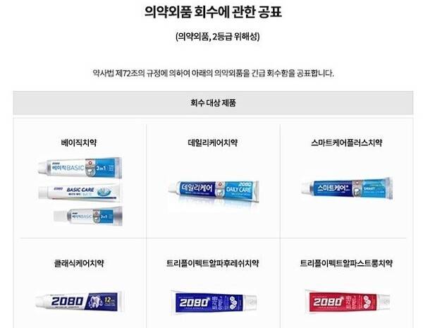 애경산업 자발적 회수 대상 치약 제품 6종. ⓒ애경산업