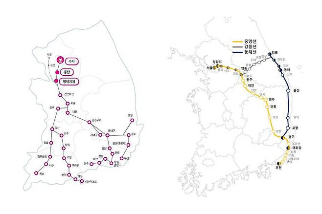 현재 SRT 운행구간(왼쪽)과 중앙선·강릉선·동해선 / 출처=SR, 국토교통부
