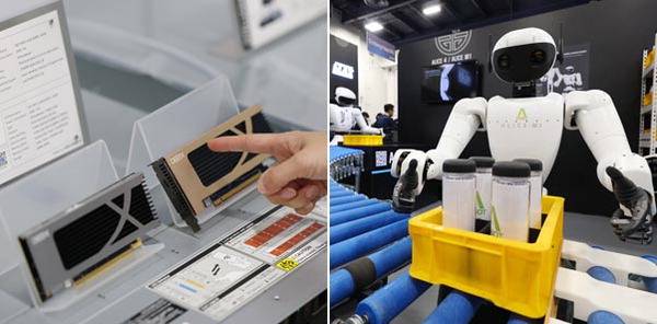 ETF 총 순자산 300조 시대를 맞아 삼성자산운용이 2026년 투자 키워드로 ‘대·반·전’을 공개했다. 사진은 7일(현지시간) 미국 라스베이거스 CES2026에서 전시 중인 한국 AI반도체 기업 딥엑스의 NPU(왼쪽)와 한국 로봇 업체 에이로봇의 ‘앨리스’ 모습. 연합뉴스