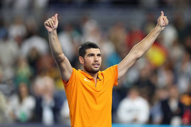 Carlos Alcaraz of Spain reacts after winning against Joao Fonseca of Brazil during the Miami Invitational at loanDepot park in Miami, Florida on Dec. 8. 2025. [AFP/YONHAP]