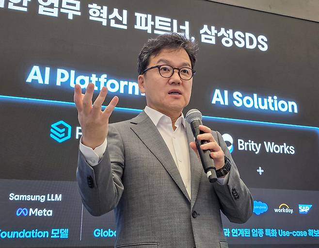 이준희 대표이사(사장)이 7일(현지시간) CES 2026 삼성SDS 프라이빗 부스에서 진행된 기자 간담회를 통해 인사말을 하고 있다. 삼성SDS 제공