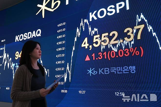 [서울=뉴시스] 김명년 기자 = 8일 오후 서울 여의도 KB국민은행 스마트딜링룸에서 딜러들이 업무를 보고 있다. 코스피는 전 거래일(4551.06)보다 1.31포인트(0.03%) 오른 4552.37에 마감했다. 코스닥 지수는 전 거래일(947.39)보다 3.33포인트(0.35%) 하락한 944.06에 거래를 마쳤다. 원·달러 환율은 전 거래일(1445.8)보다 4.8원 오른 1450.6원에 주간 거래를 마감했다. 2026.01.08. kmn@newsis.com
