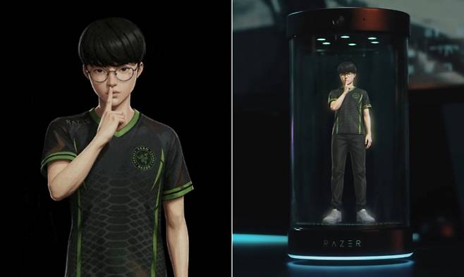 미국 라스베이거스에서 열린 CES 2026에서 공개된 레이저의 3D 홀로그램 AI 동반자 ‘프로젝트 에이바’. 안경을 쓴 남성형 아바타 ‘페이커’가 유리병 형태의 디스플레이 안에 구현돼 있다. 레이저 제공